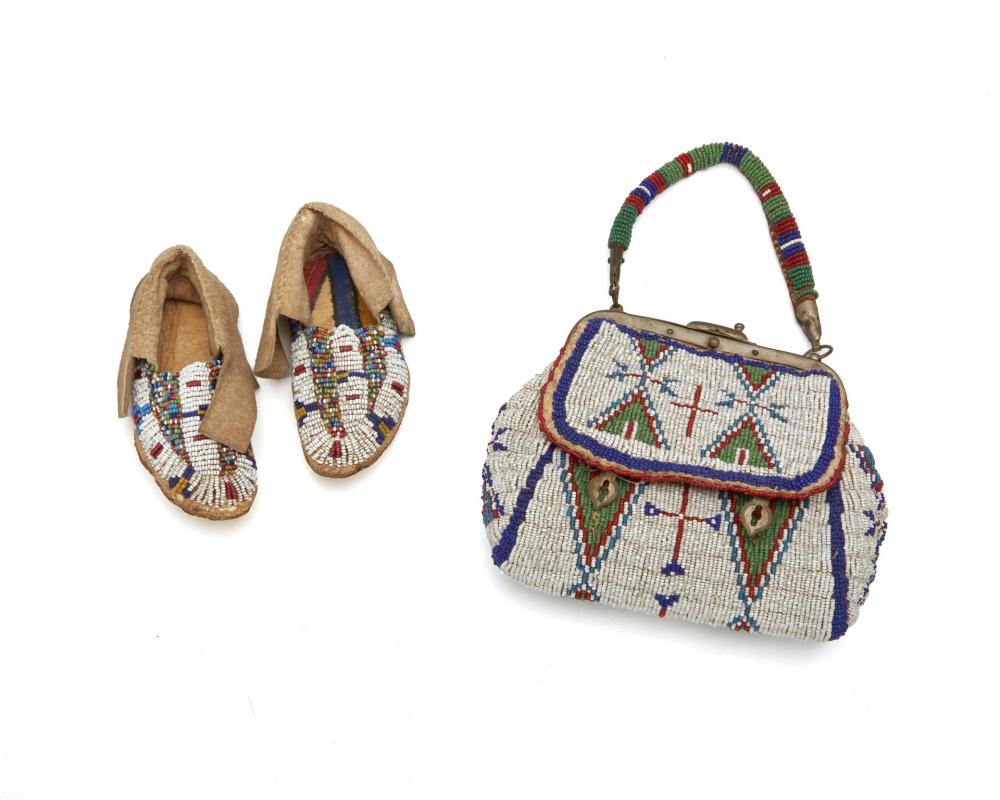 Appraisal: A Sioux beaded bag and pair of moccasins Late th