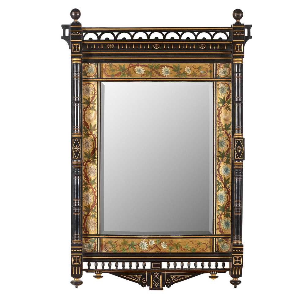 Appraisal: ENGLISH AESTHETIC MOVEMENT WALL MIRROR CIRCA ebonised gilded painted with