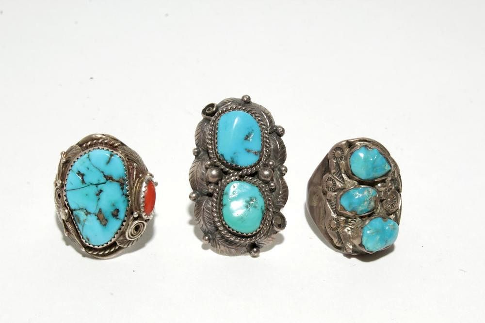 Appraisal: Navajo Silver Turquoise Silver Rings Three large Native American Indian