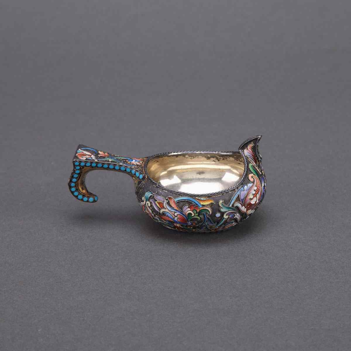 Appraisal: Russian Silver-Gilt and Shaded Cloisonne Enamel Small Kovsh Maria Semenova