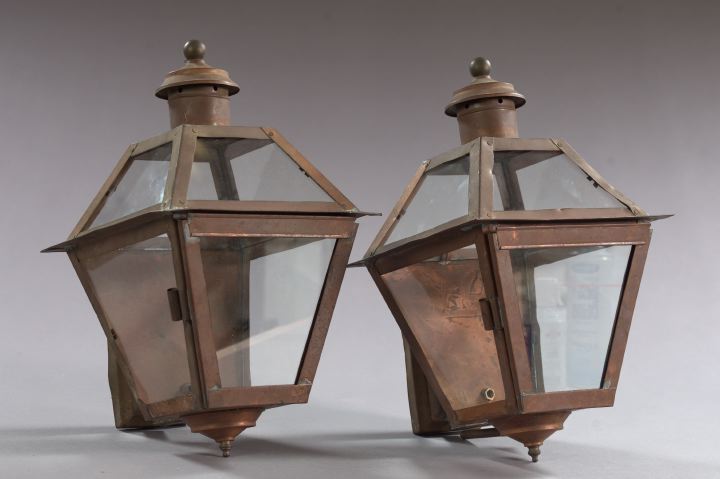 Appraisal: Small Pair of Colonial-Style Copper Outdoor Lanterns each with glass