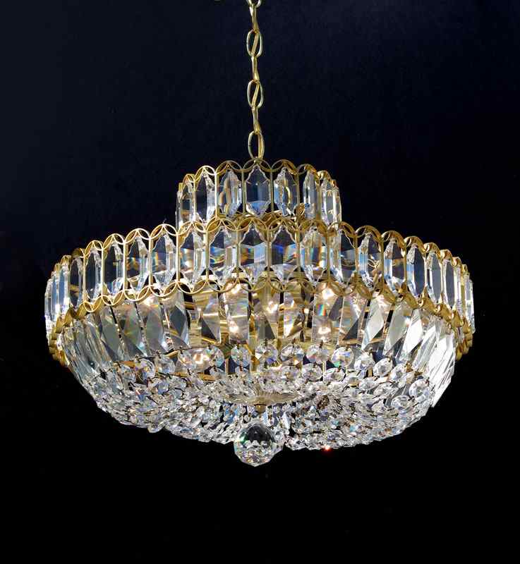 Appraisal: RETRO CRYSTAL CHANDELIER Gold tone frame bowl type chandelier unusual