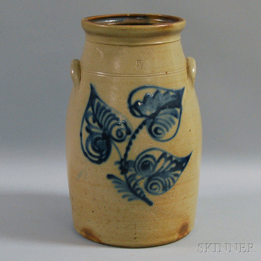 Appraisal: Cobalt Leaf-decorated Five-gallon Stoneware Jar mid to late th century