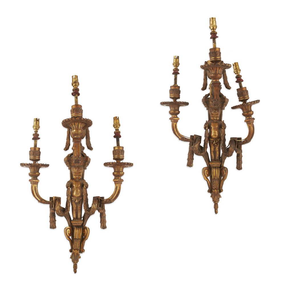 Appraisal: PAIR OF GILT BRONZE FIGURAL WALL SCONCES EARLY TH CENTURY