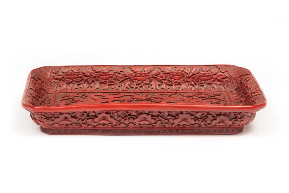 Appraisal: Chinese Red Lacquer Tray th c molded with dragons in