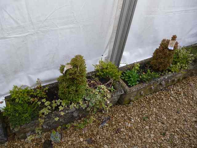 Appraisal: A PAIR OF OLD WEATHERED COMPOSITION GARDEN TROUGHS each planted