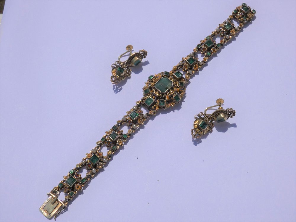 Appraisal: HUNGARIAN GILT SILVER GEM BRACELET EARRINGS Antique vermeil gold on