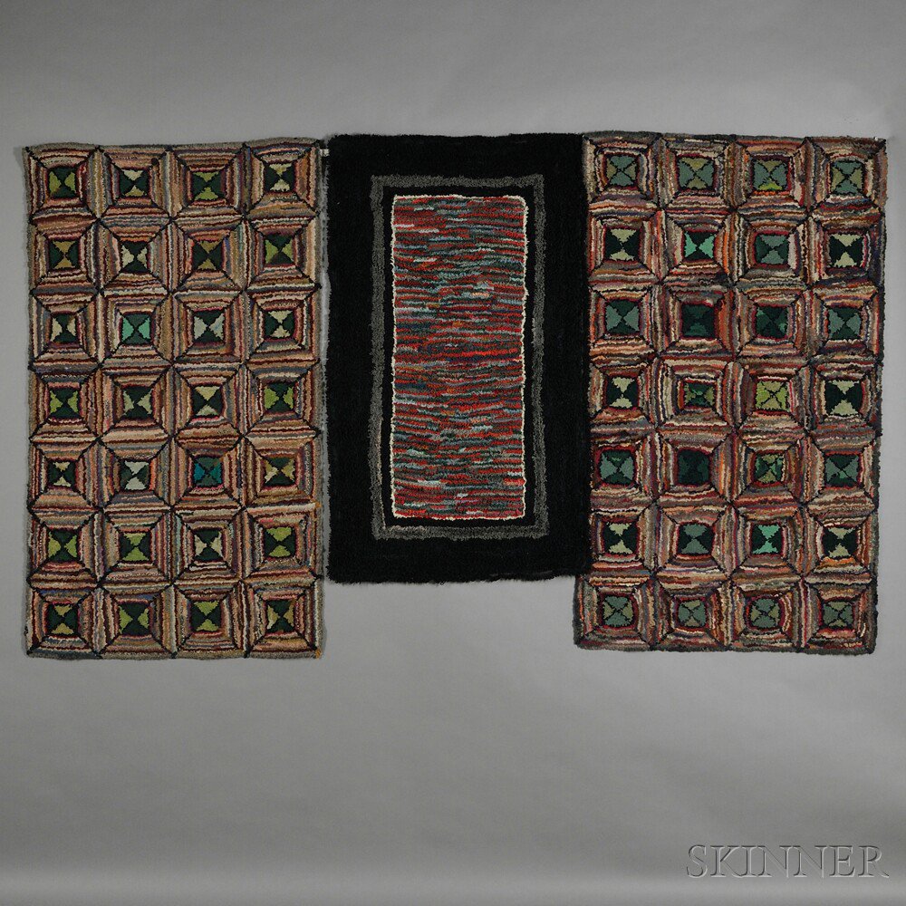 Appraisal: Pair of Geometric Pattern Hooked Rugs and a Yarn Rug