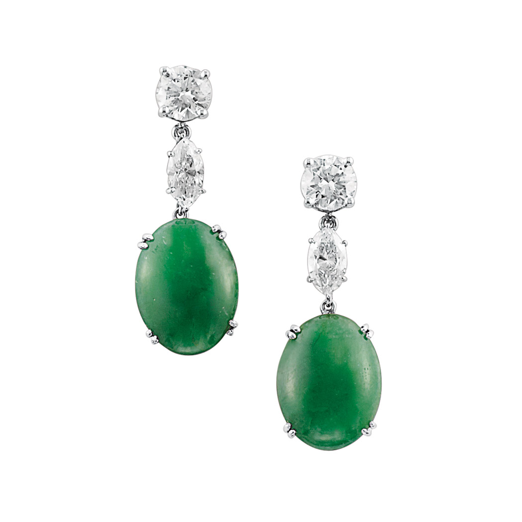 Appraisal: Pair of Diamond and Jade Pendant-Earrings Platinum white gold topped