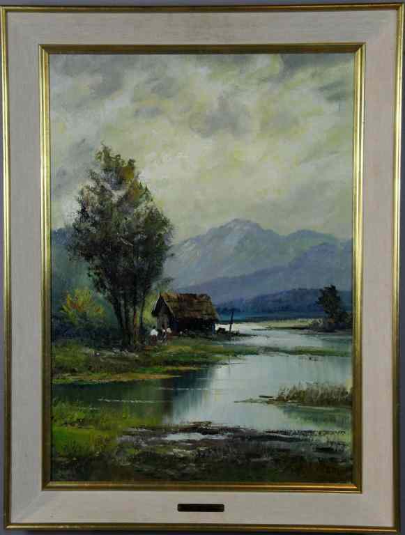 Appraisal: Oil Painting on Canvas signed DossenaMountain landscape with cabin and