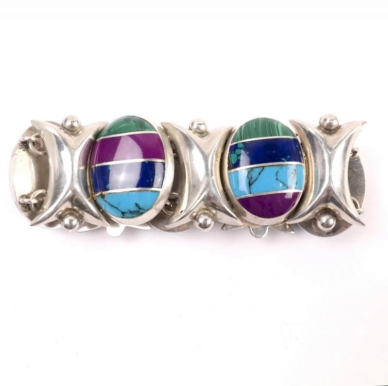 Appraisal: Mexican Sterling Link Bracelet Mexican sterling and hardstone inlaid link