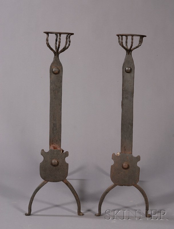 Appraisal: Pair of Wrought Iron Cresset Spit Irons probably England th