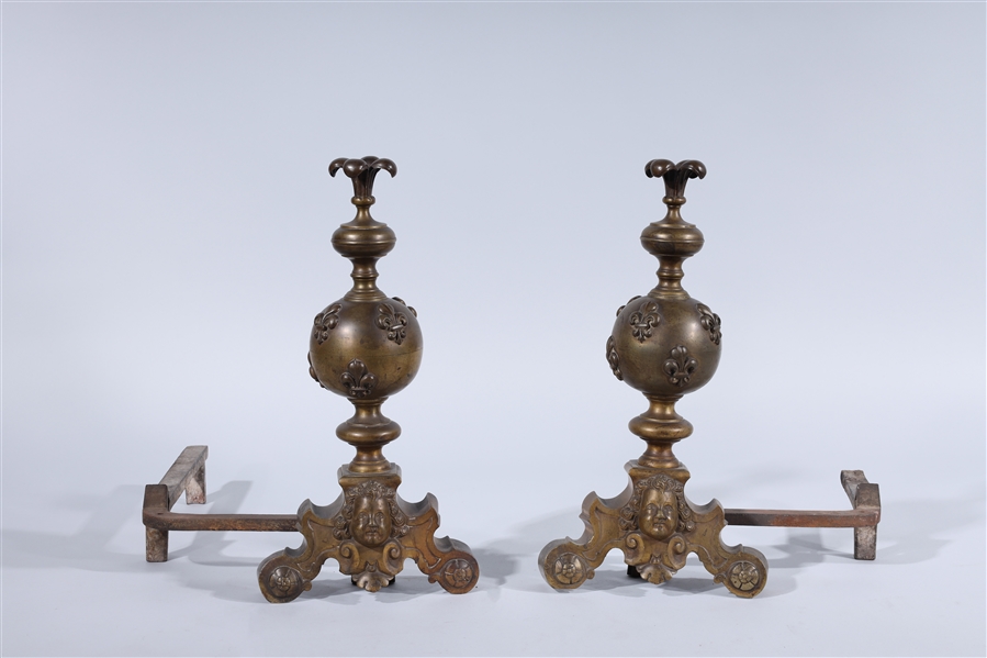 Appraisal: Pair of brass gold fireplace antique andirons traditional style each