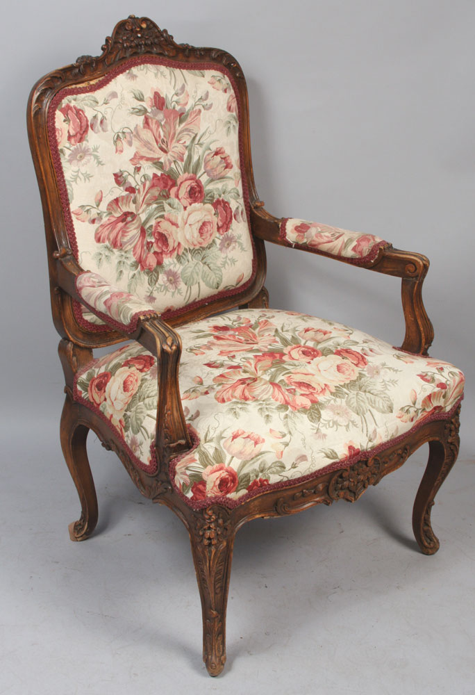 Appraisal: - French Upholstered Armchair French upholstered armchair h x w