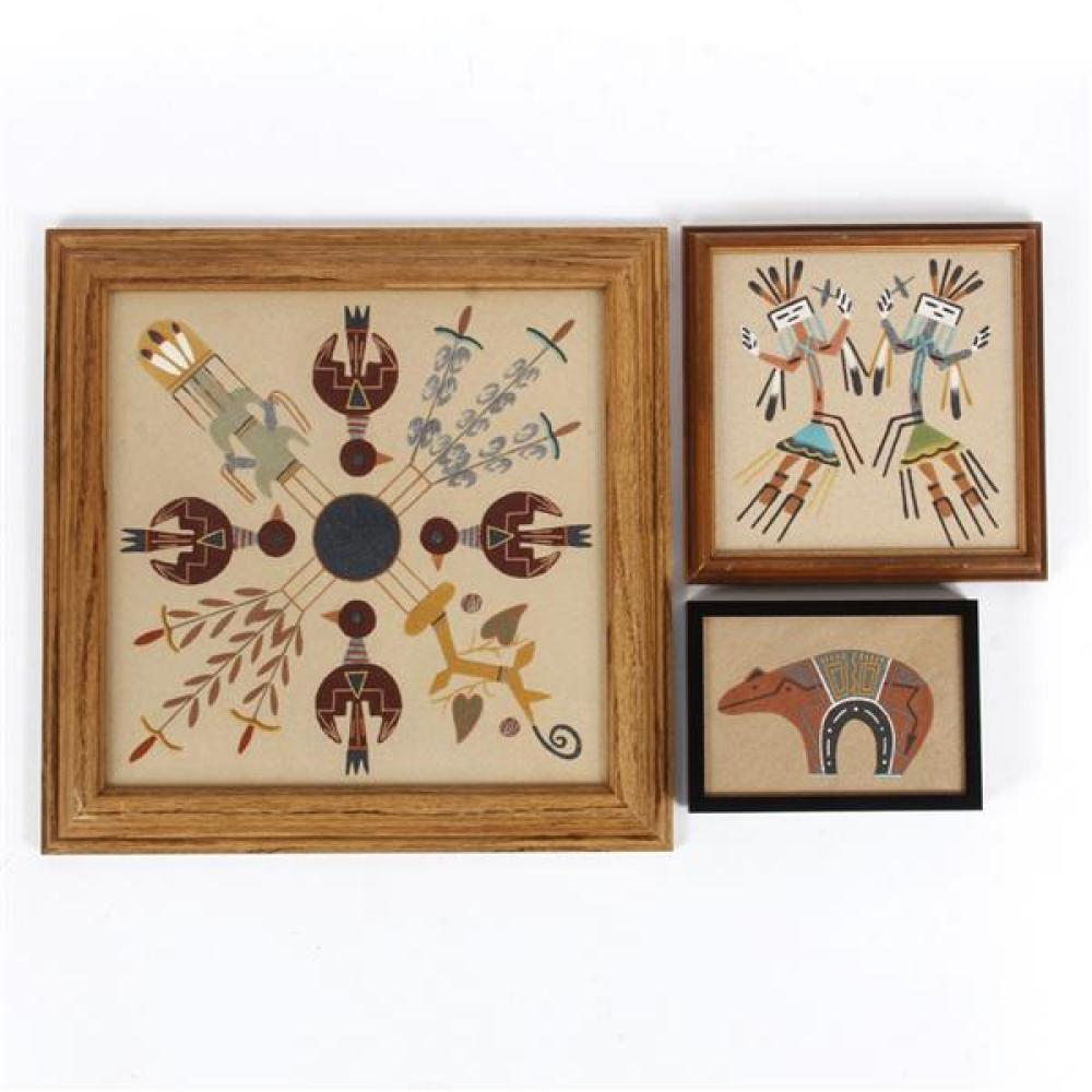 Appraisal: THREE NAVAJO NATIVE AMERICAN INDIAN FRAMED SAND PAINTINGS FOUR SACRED