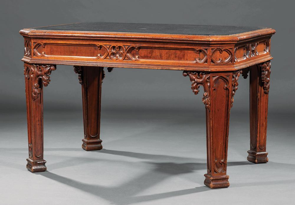 Appraisal: Fine American Gothic Carved Walnut Library Table mid- th c