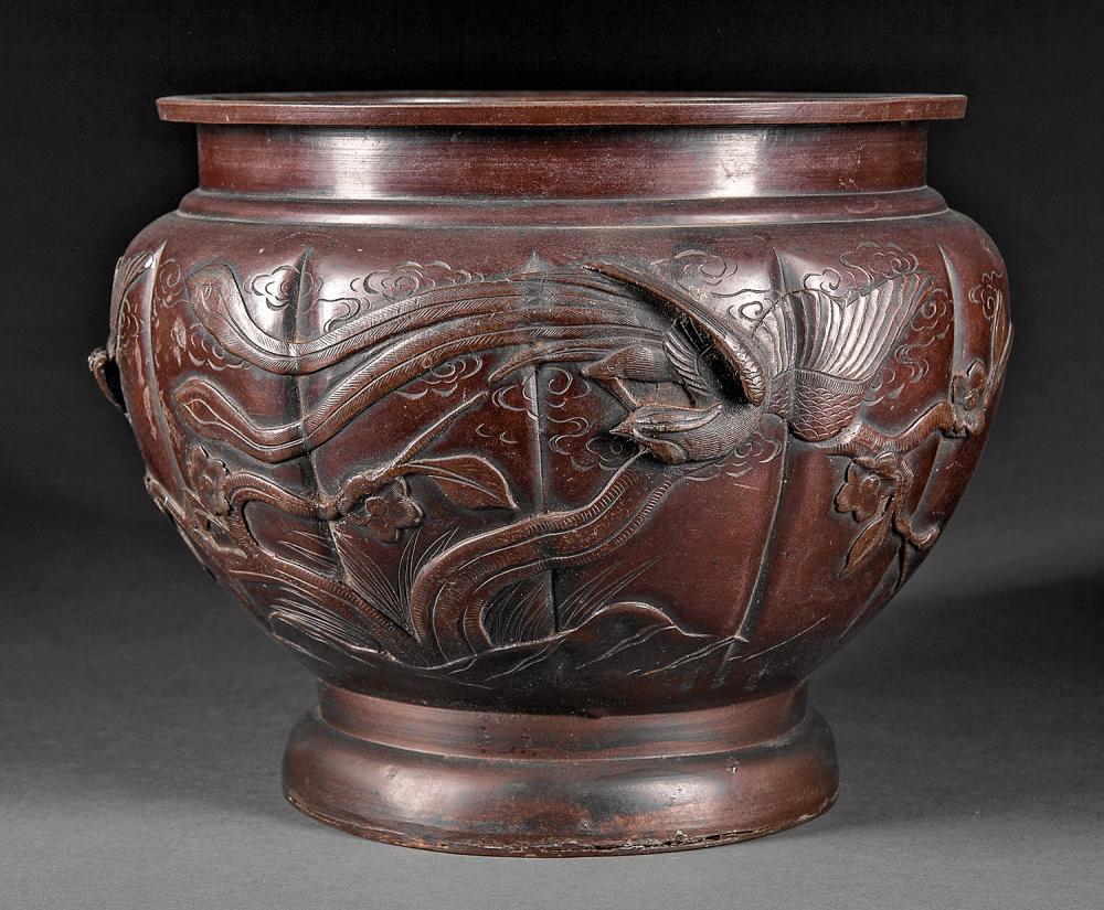 Appraisal: Japanese Bronze Jardiniere lobed body relief-decorated with phoenix birds and