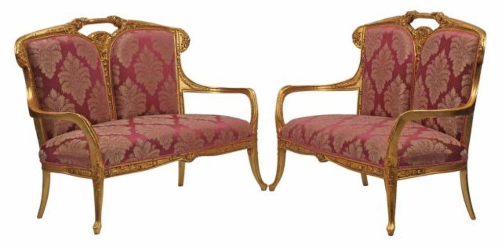 Appraisal: ART NOUVEAU STYLE GILT UPHOLSTERED SETTEES pair Art Nouveau style