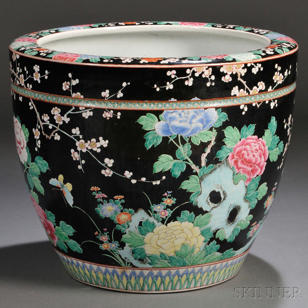 Appraisal: Large Famille Noire Jardiniere China th century decorated with peacocks