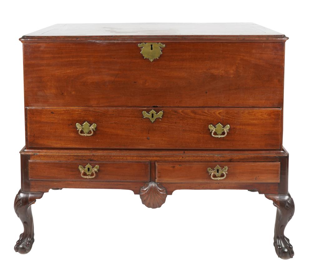 Appraisal: CHIPPENDALE-STYLE MAHOGANY CHEST ON STANDlate th early th century in