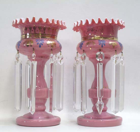 Appraisal: PAIR PINK GLASS VICTORIAN LUSTRES hand painted with blue and