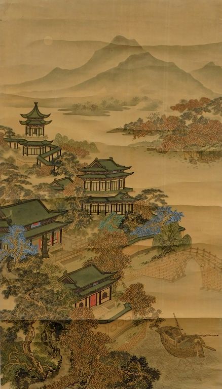 Appraisal: Japanese Mountain Village Hanging Wall Scroll Japan Landscape scene beneath