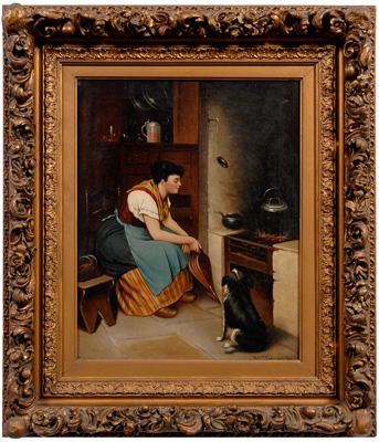 Appraisal: Adolf Rheinhart painting woman in a kitchen interior holding bellows