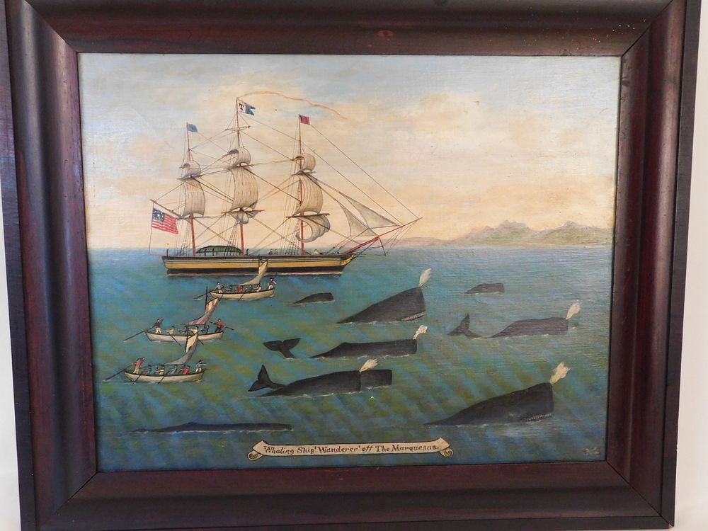 Appraisal: WHALING SHIP WANDERER OIL PAINTING Oil painting of a whale