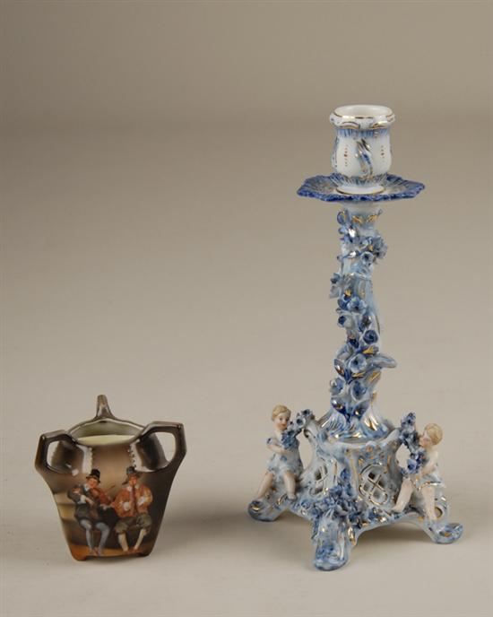 Appraisal: Two Pieces of German Porcelain a Sitzendorf candlestick having blue