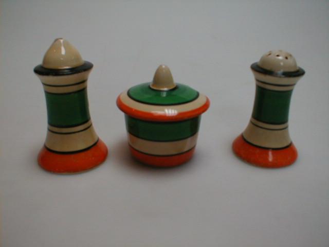 Appraisal: A Clarice Cliff Bizarre pottery three piece cruet set painted