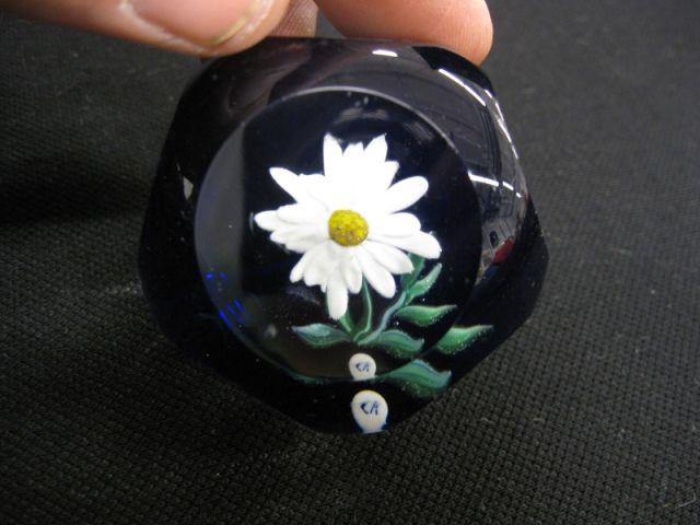 Appraisal: Art Glass Paperweight floral on rich blue signed inside glass