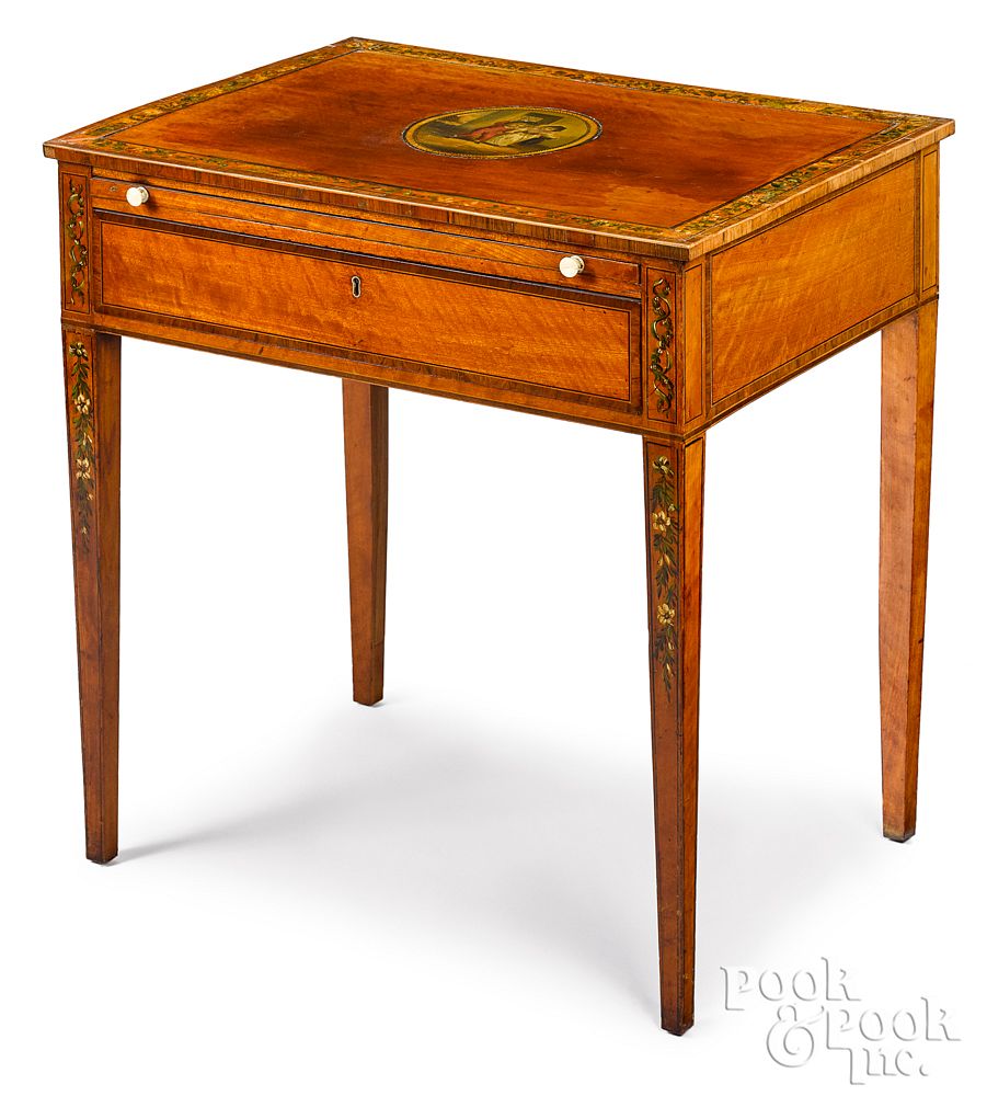 Appraisal: English Adams style satinwood work table English Adams style satinwood