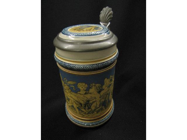 Appraisal: Mettlach German Etched Pottery Stein cherubs carousing liter inlaid lid