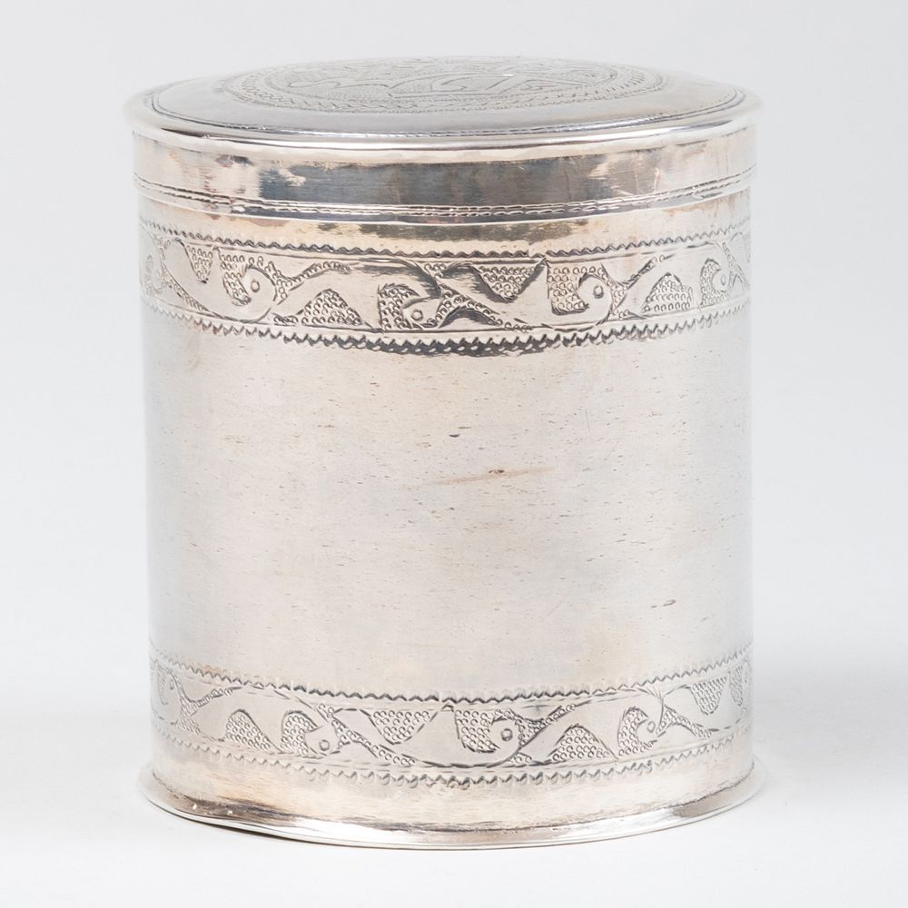 Appraisal: Persian Silver Canister Apparently unmarked x in diam oz approx