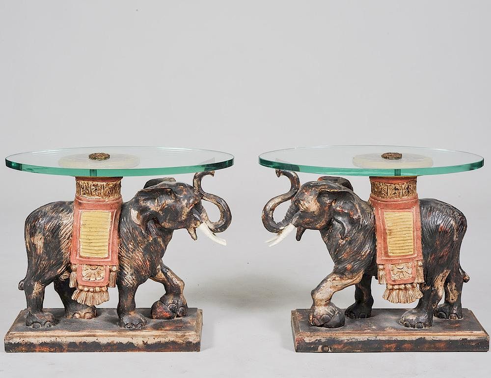 Appraisal: PAIR OF CARVED AND PAINTED WOOD ELEPHANT TABLES Each with