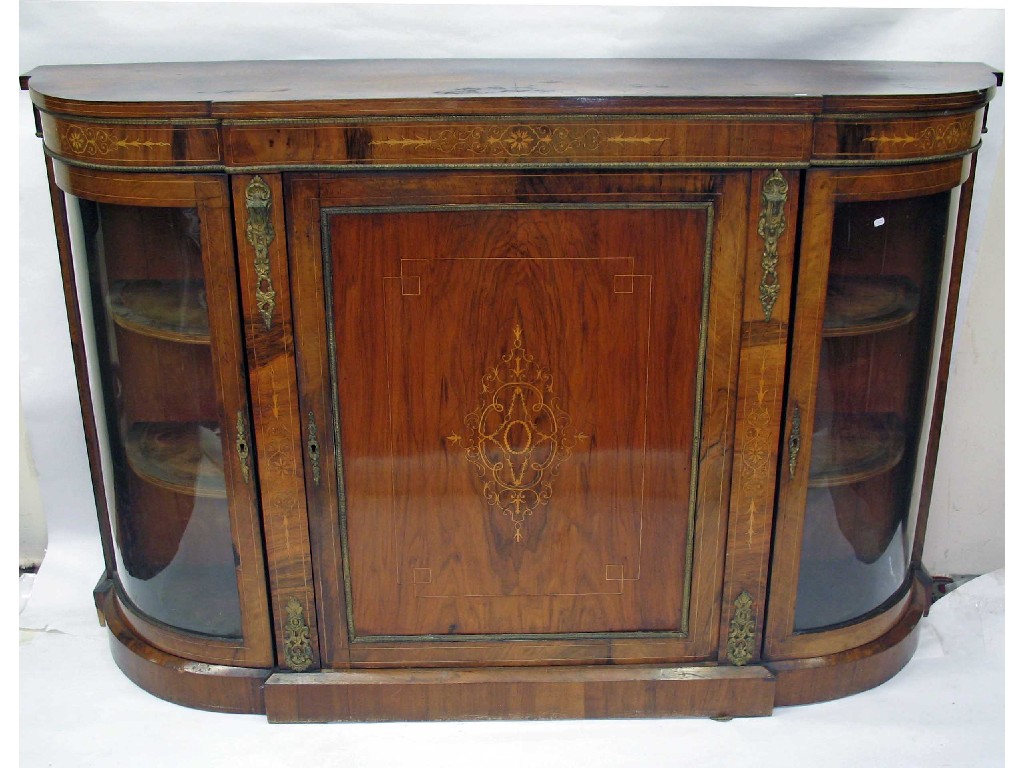 Appraisal: A Victorian walnut and marquetry credenza with glazed and panelled