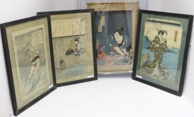 Appraisal: LOT OF FOUR TH CENTURY JAPANESE WOODBLOCKPRINTS THREE ARE FRAMED