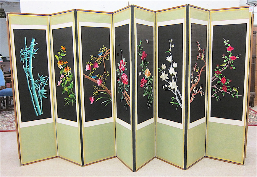 Appraisal: EMBROIDERED EIGHT-PANEL FLOOR SCREEN Chinese th century each panel featuring