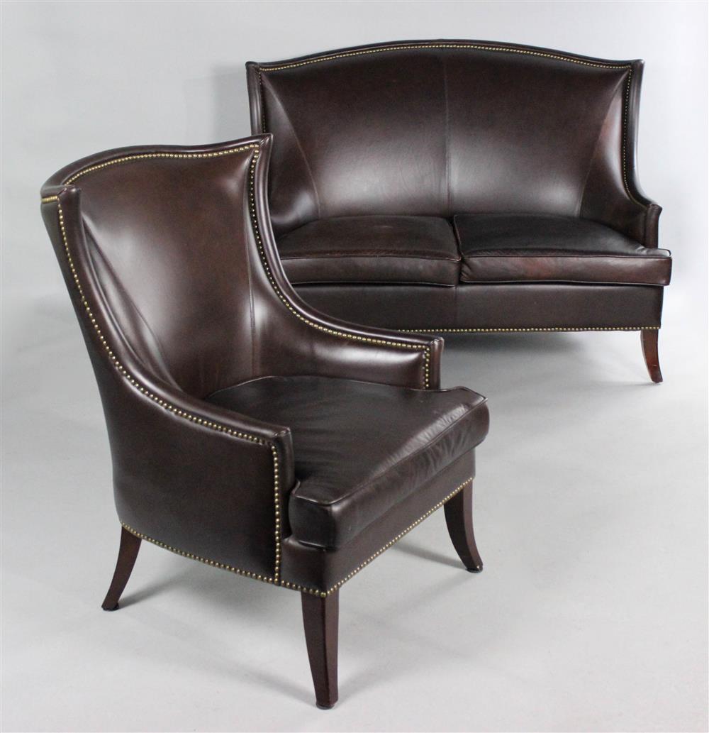 Appraisal: BOMBAY COMPANY BROWN PEBBLE LEATHER LOVE SEAT WITH NAILHEAD TRIM