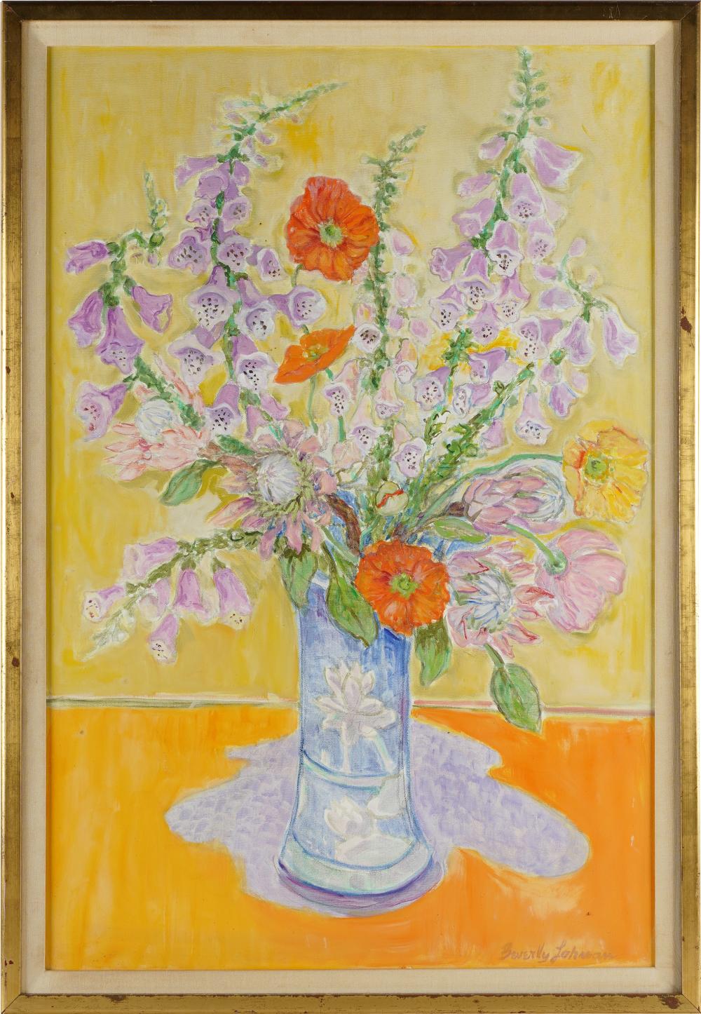 Appraisal: BEVERLY LOHMAN B FOXGLOVE IN BLUE VASE oil on canvas