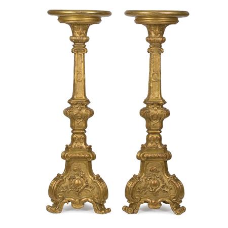 Appraisal: Pair of Italian Rococo Style Gilt-Wood Candlestands Estimate -