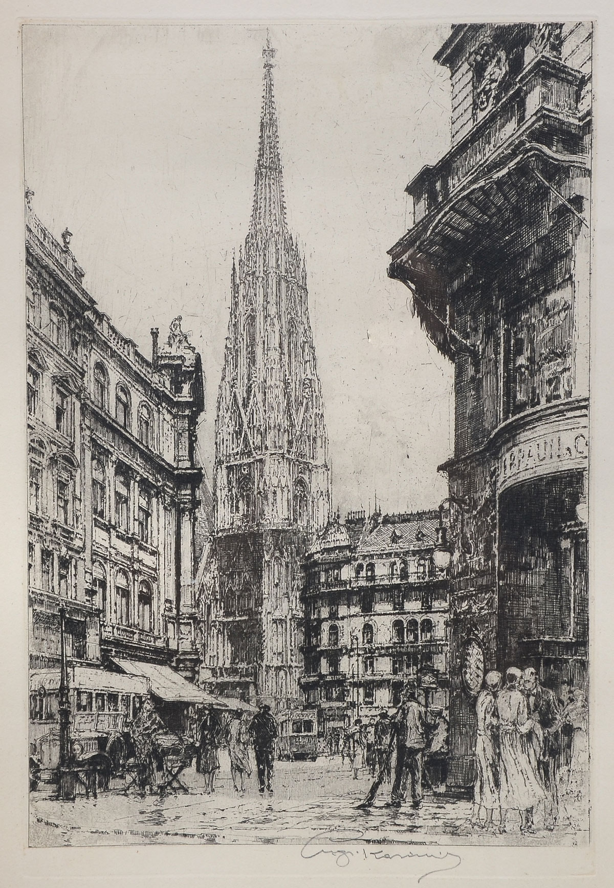 Appraisal: KASIMIR Luigi Austrian - European Street Scene with Cathedral Etching