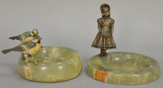 Appraisal: Two bronzes with alabaster trays including Austrian cold painted birds