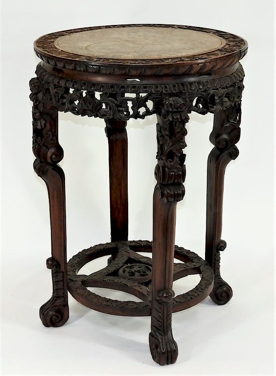 Appraisal: C Chinese Carved Hardwood Rose Marble Table China th Century