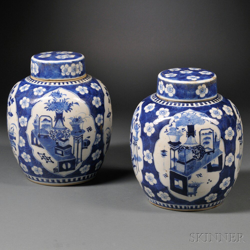 Appraisal: Pair of Blue and White Covered Jars China th century