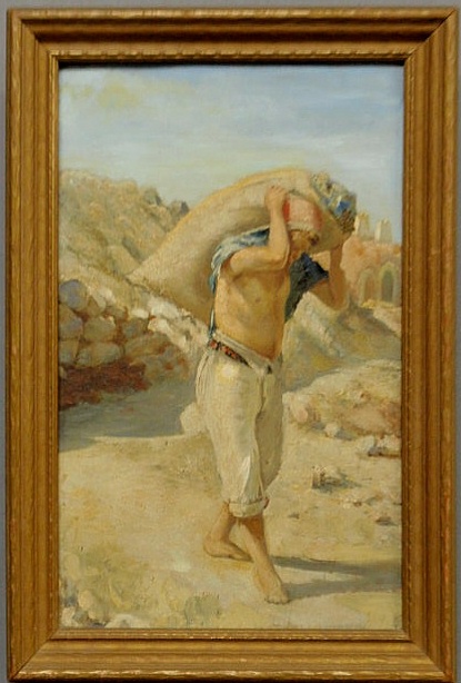 Appraisal: Oil on board painting of a young man carrying a