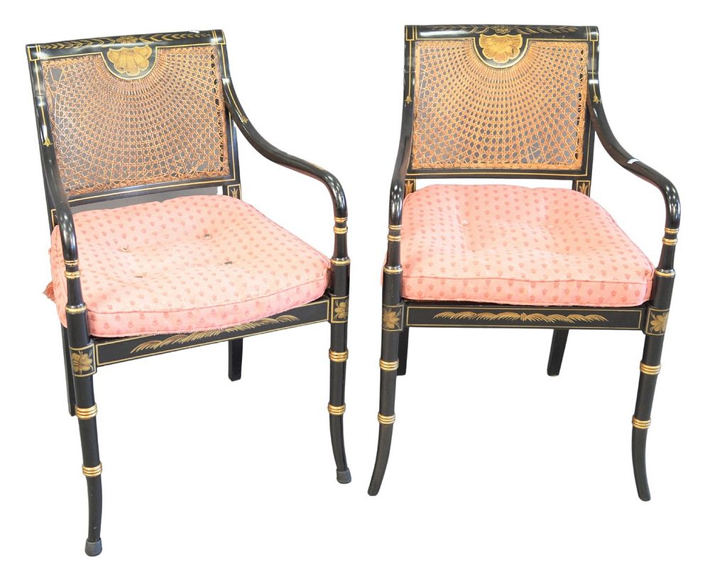 Appraisal: Set of Five Black Stenciled Armchairs with caned backs and