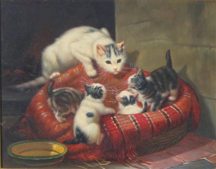 Appraisal: UNKNOWN ARTIST th c CAT WITH KITTENS Oil on panel