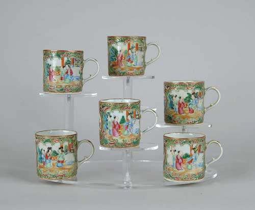 Appraisal: SET OF SIX HANDLED ROSE MEDALLION CUPS Cylinder shape with