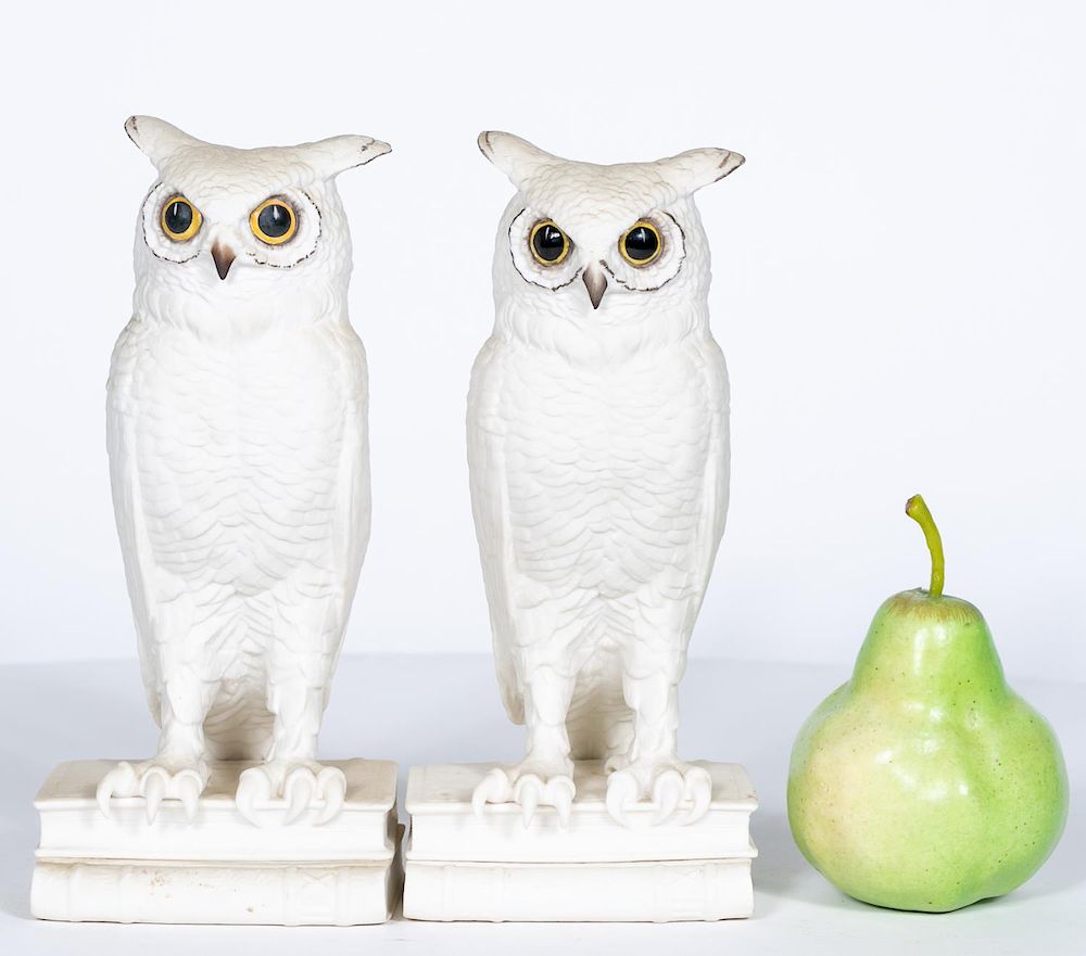 Appraisal: Pair Boehm Owl Bisque Porcelain Figurines Boehm American founded A